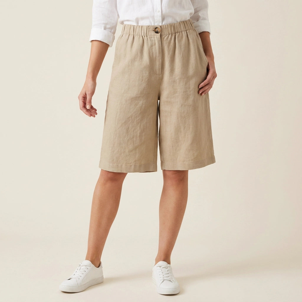 Bermudashorts für Damen aus Leinen in knielanger Form im weiten Schnitt Khaki 8