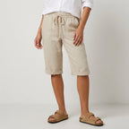Bermudashorts für Damen aus Leinen in weiter Passform mit Kordelzug Beige 1