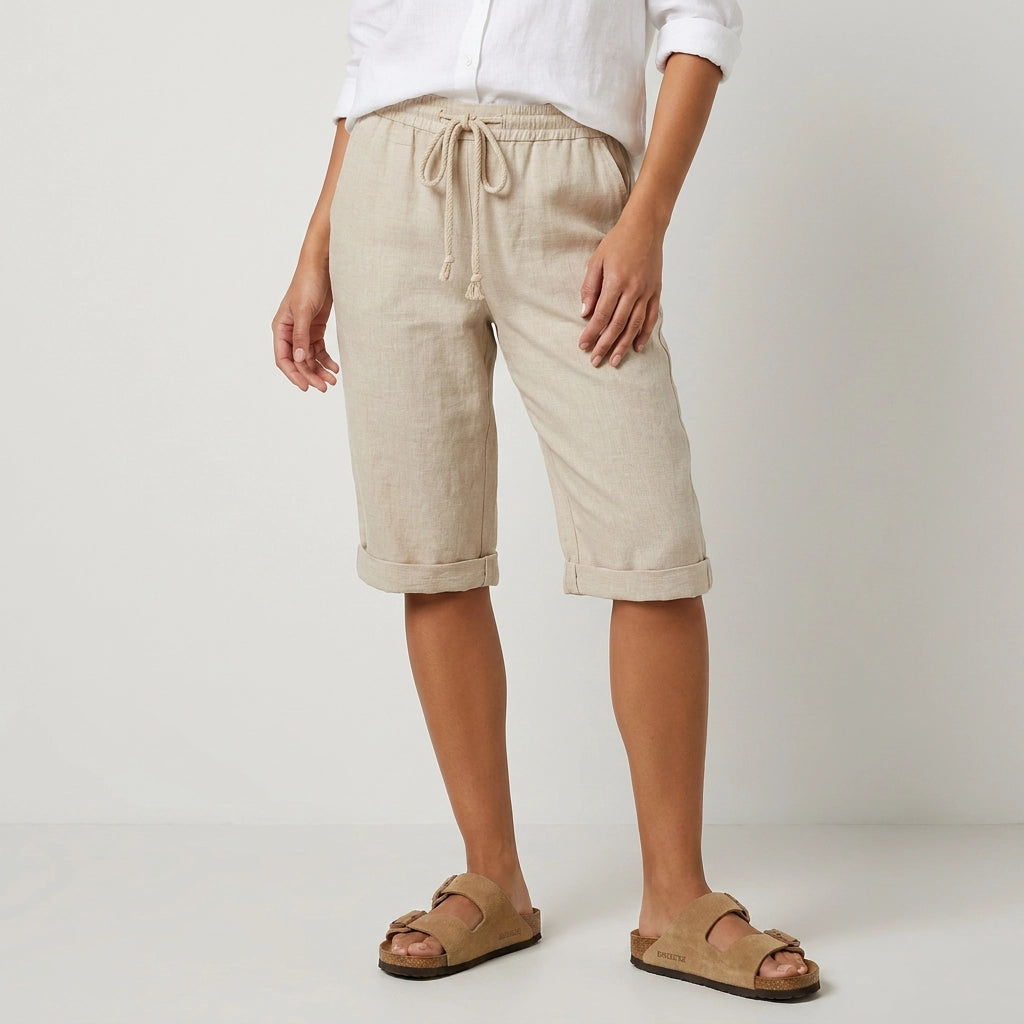 Bermudashorts für Damen aus Leinen in weiter Passform mit Kordelzug Beige 1