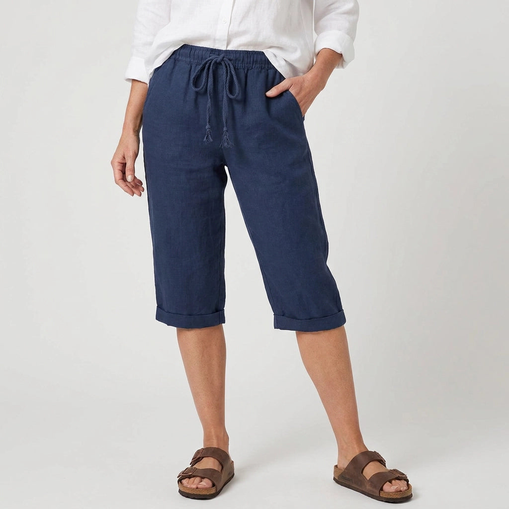 Bermudashorts für Damen aus Leinen in weiter Passform mit Kordelzug Dunkelblau 2