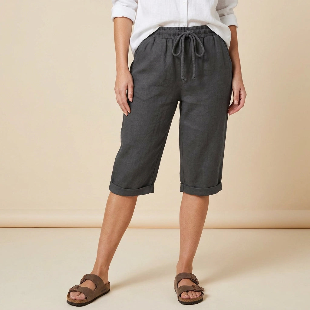 Bermudashorts für Damen aus Leinen in weiter Passform mit Kordelzug Dunkelgrau 3