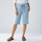 Bermudashorts für Damen aus Leinen in weiter Passform mit Kordelzug Hellblau 4