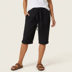 Bermudashorts für Damen aus Leinen in weiter Passform mit Kordelzug Schwarz 6