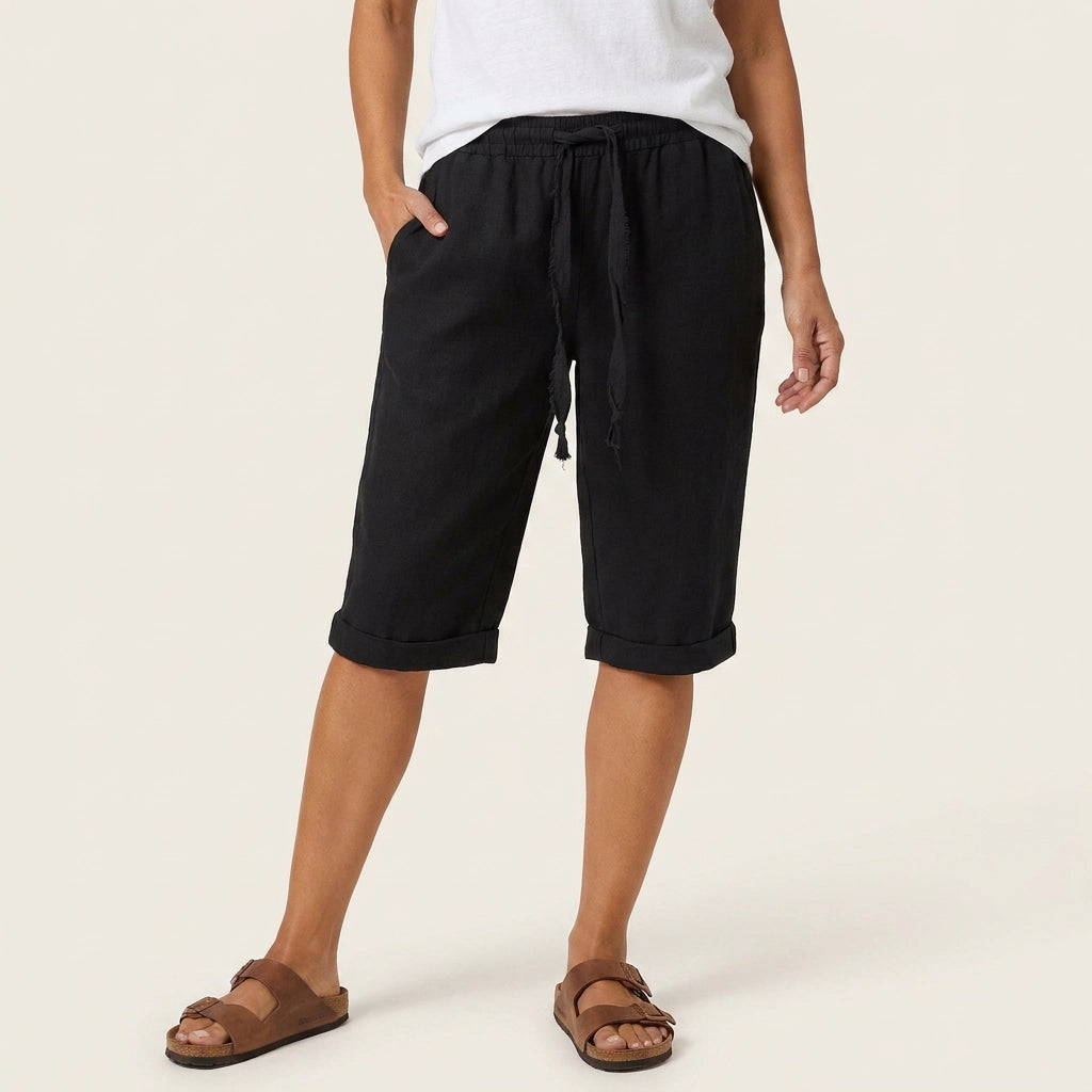 Bermudashorts für Damen aus Leinen in weiter Passform mit Kordelzug Schwarz 6
