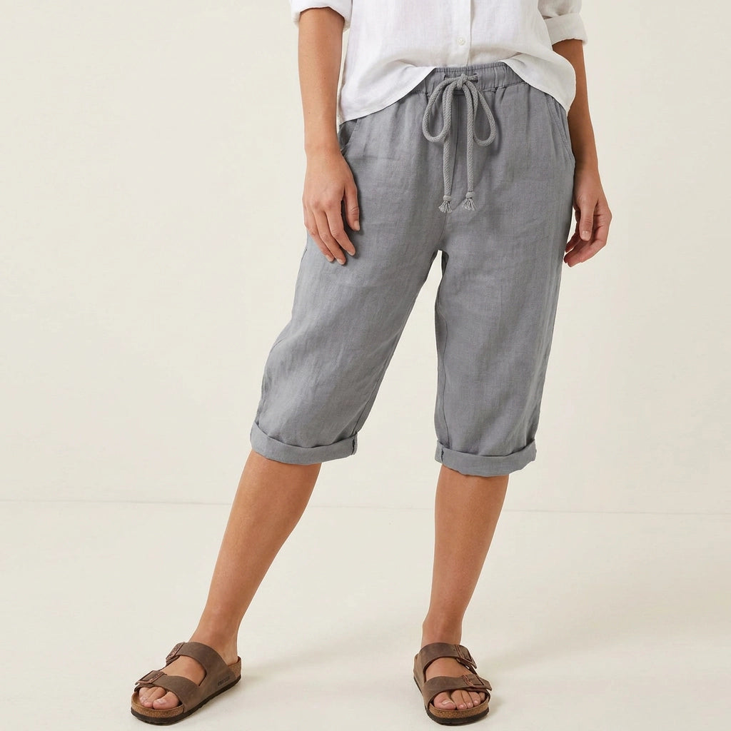 Bermudashorts für Damen aus Leinen in weiter Passform mit Kordelzug Hellgrau 7