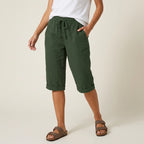 Bermudashorts für Damen aus Leinen in weiter Passform mit Kordelzug Grün 8