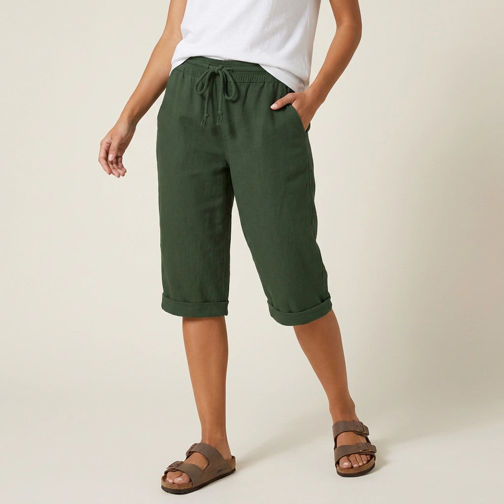 Bermudashorts für Damen aus Leinen in weiter Passform mit Kordelzug Grün 8