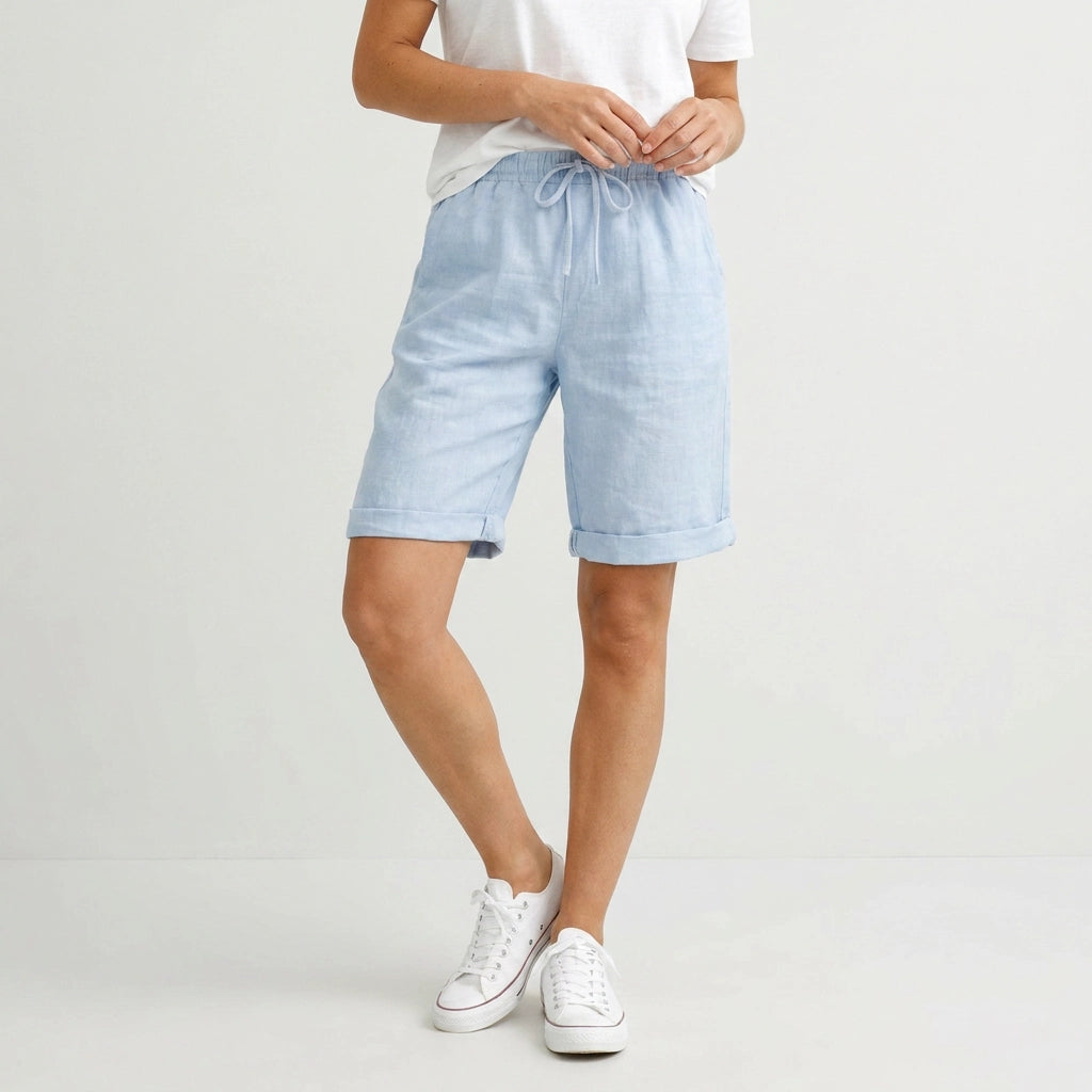 Bermudashorts für Damen aus Leinen mit Gummizug in weiter Passform Blau 1