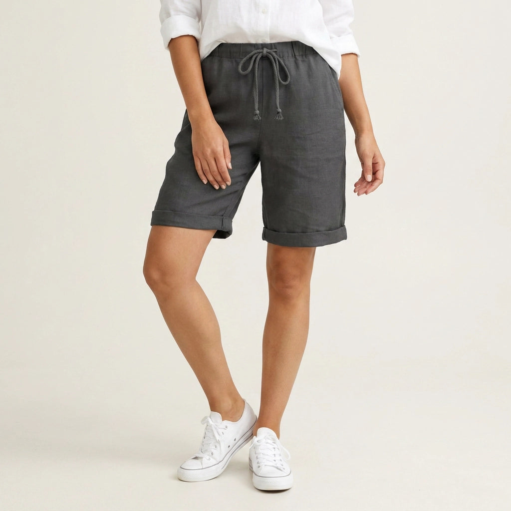 Bermudashorts für Damen aus Leinen mit Gummizug in weiter Passform Schwarz 4