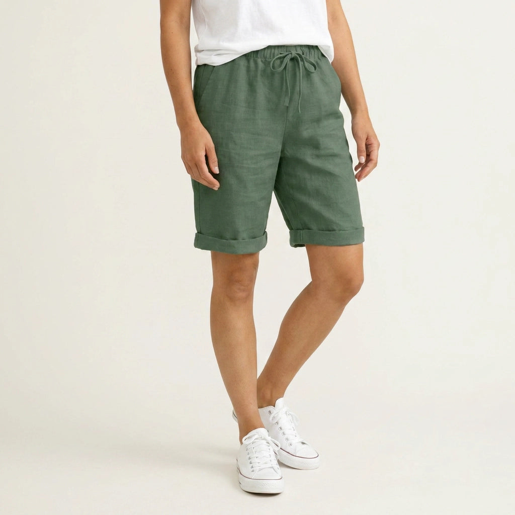 Bermudashorts für Damen aus Leinen mit Gummizug in weiter Passform Grün 5