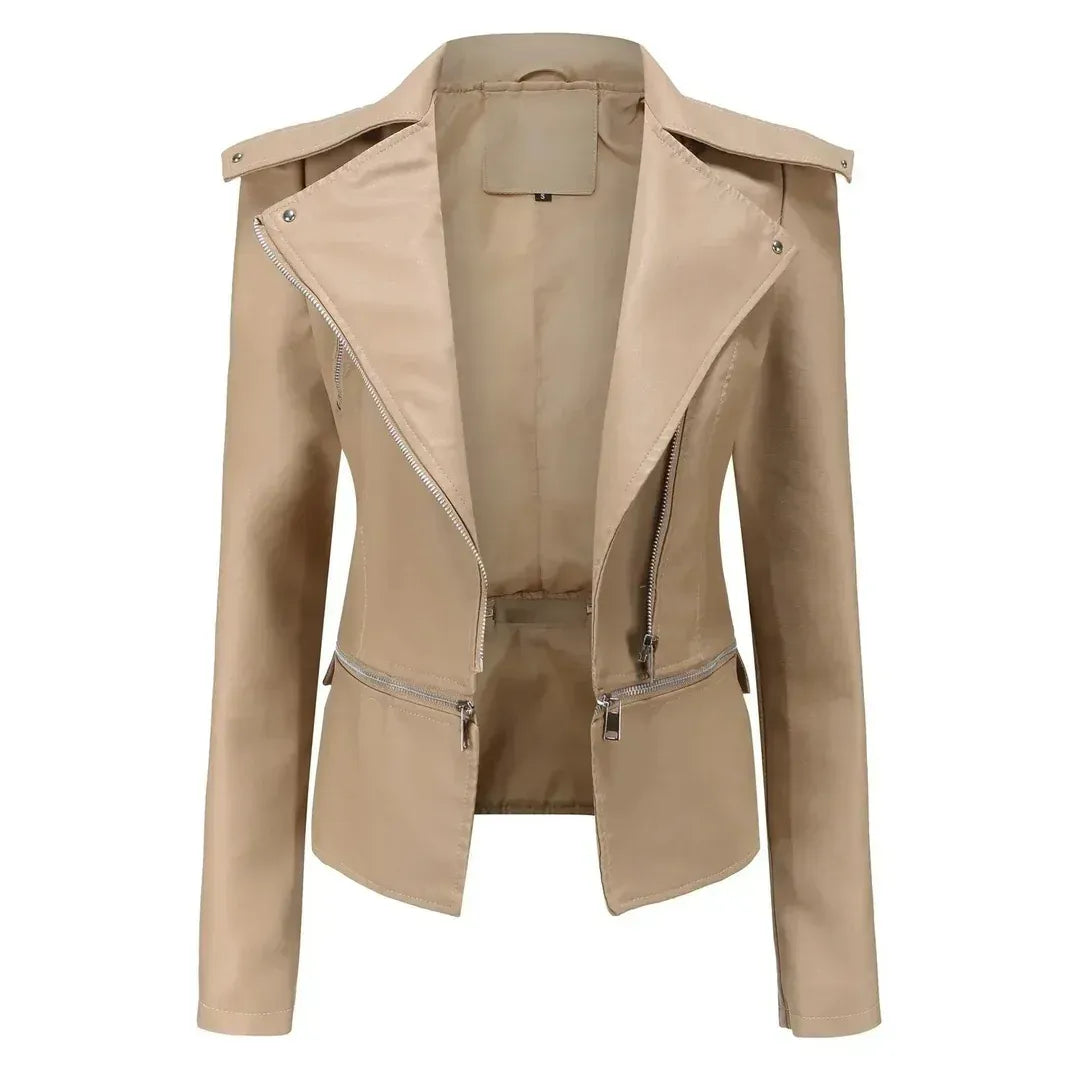 Bikerjacke für Damen aus Leder mit Reißverschluss in taillierter Form Beige 10