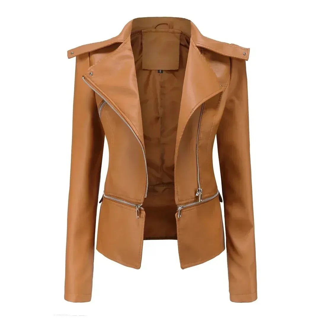 Bikerjacke für Damen aus Leder mit Reißverschluss in taillierter Form Hellbraun 12