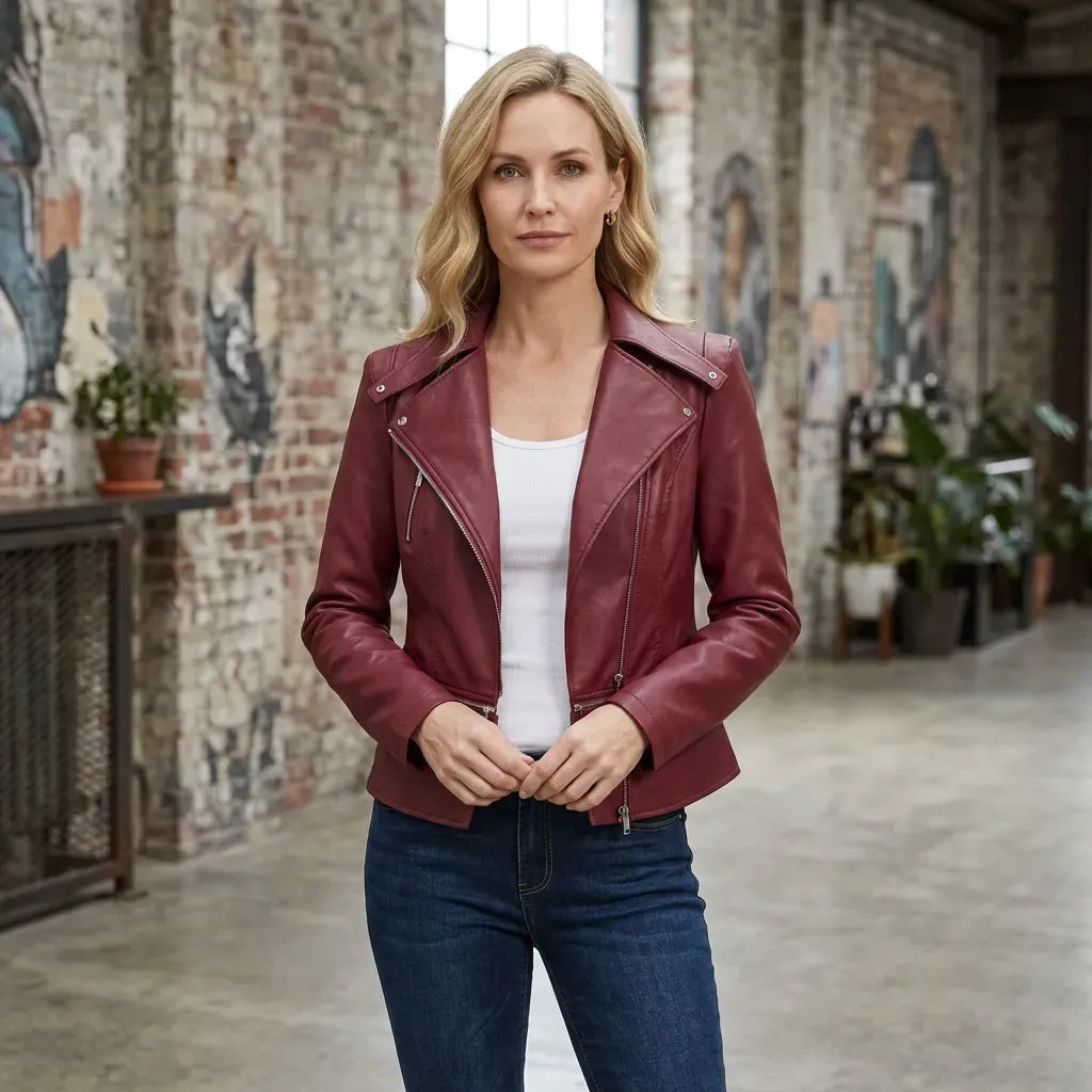 Bikerjacke für Damen aus Leder mit Reißverschluss in taillierter Form Rot 2