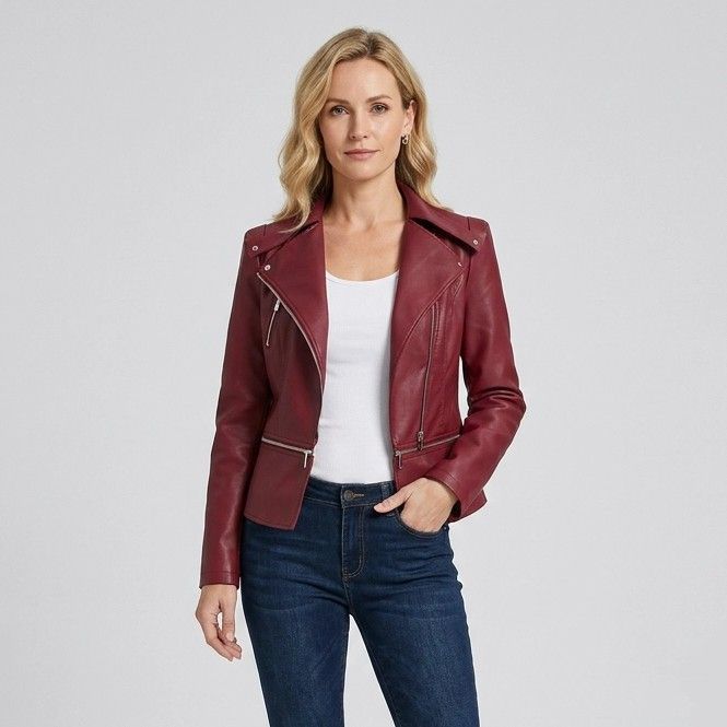 Bikerjacke für Damen aus Leder mit Reißverschluss in taillierter Form Rot 3