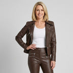 Bikerjacke für Damen aus Leder mit Reißverschluss in taillierter Form Braun 4