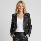 Bikerjacke für Damen aus Leder mit Reißverschluss in taillierter Form Schwarz 5