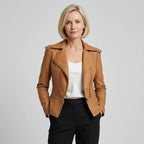 Bikerjacke für Damen aus Leder mit Reißverschluss in taillierter Form Hellbraun 6