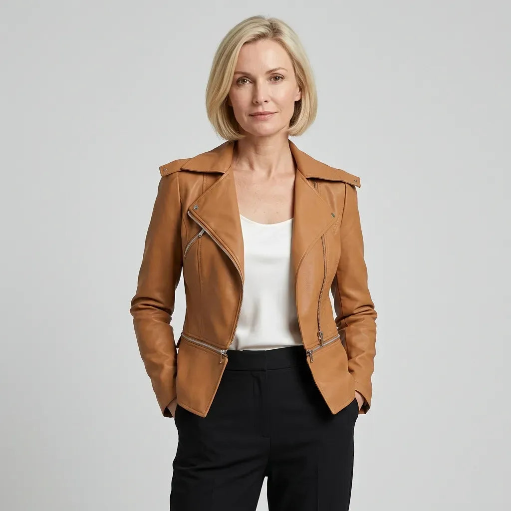 Bikerjacke für Damen aus Leder mit Reißverschluss in taillierter Form Hellbraun 6