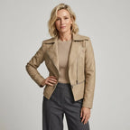 Bikerjacke für Damen aus Leder mit Reißverschluss in taillierter Form Beige 7