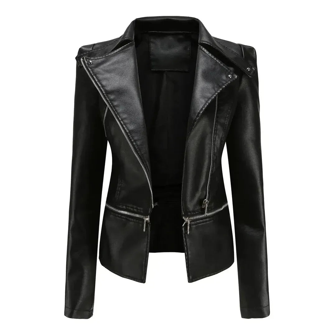 Bikerjacke für Damen aus Leder mit Reißverschluss in taillierter Form Schwarz 9
