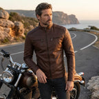 Bikerjacke für Herren aus Echtleder mit Stehkragen Braun 1