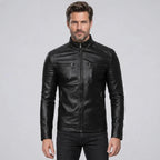 Bikerjacke für Herren aus Echtleder mit Stehkragen Schwarz 2