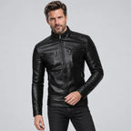 Bikerjacke für Herren aus Echtleder mit Stehkragen Schwarz 3