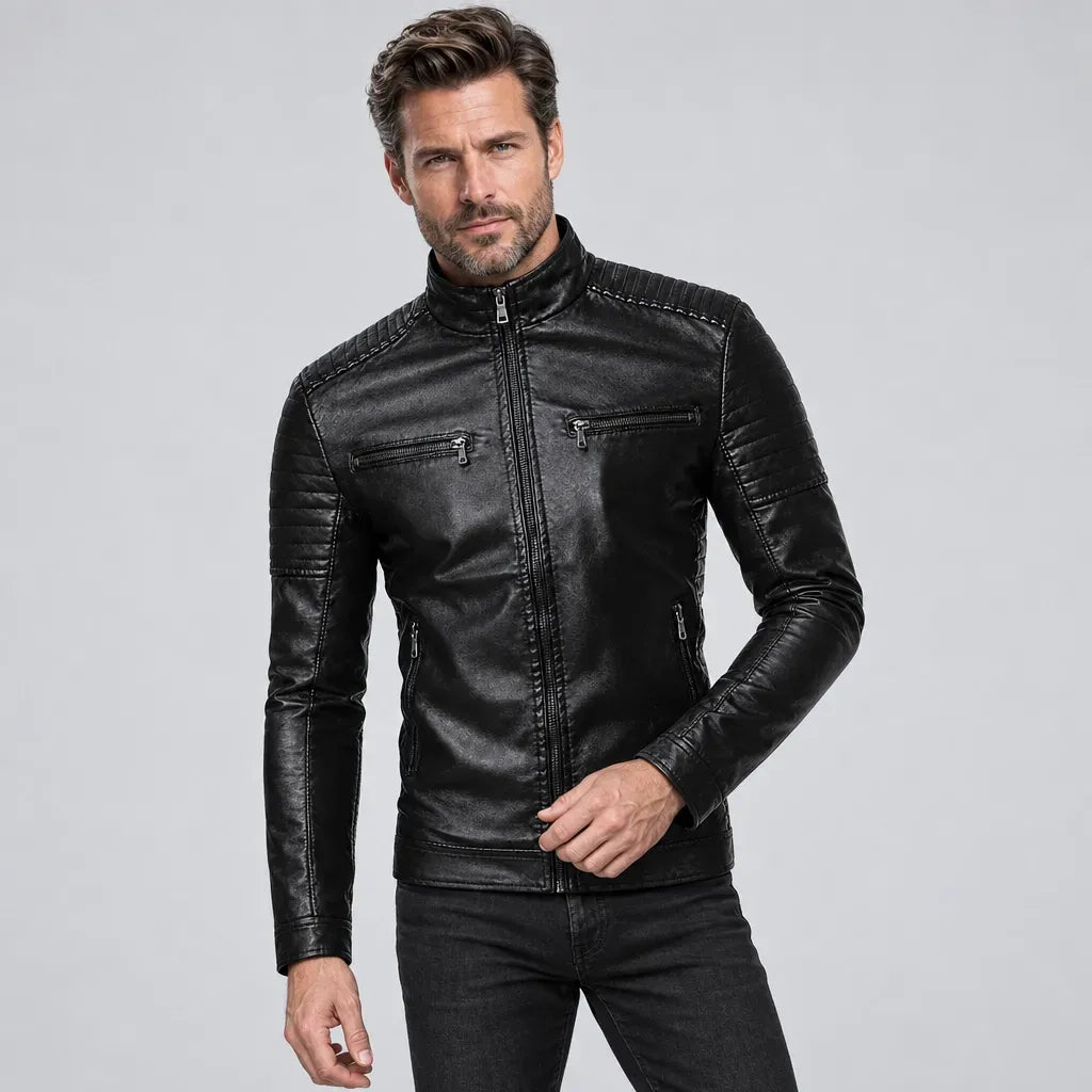Bikerjacke für Herren aus Echtleder mit Stehkragen Schwarz 3