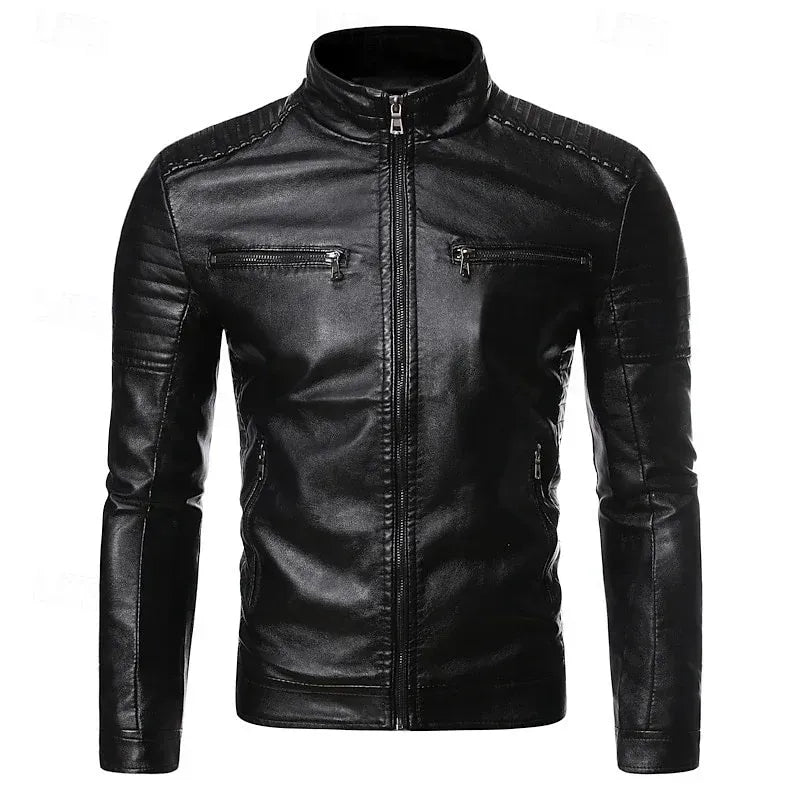 Bikerjacke für Herren aus Echtleder mit Stehkragen Schwarz 6