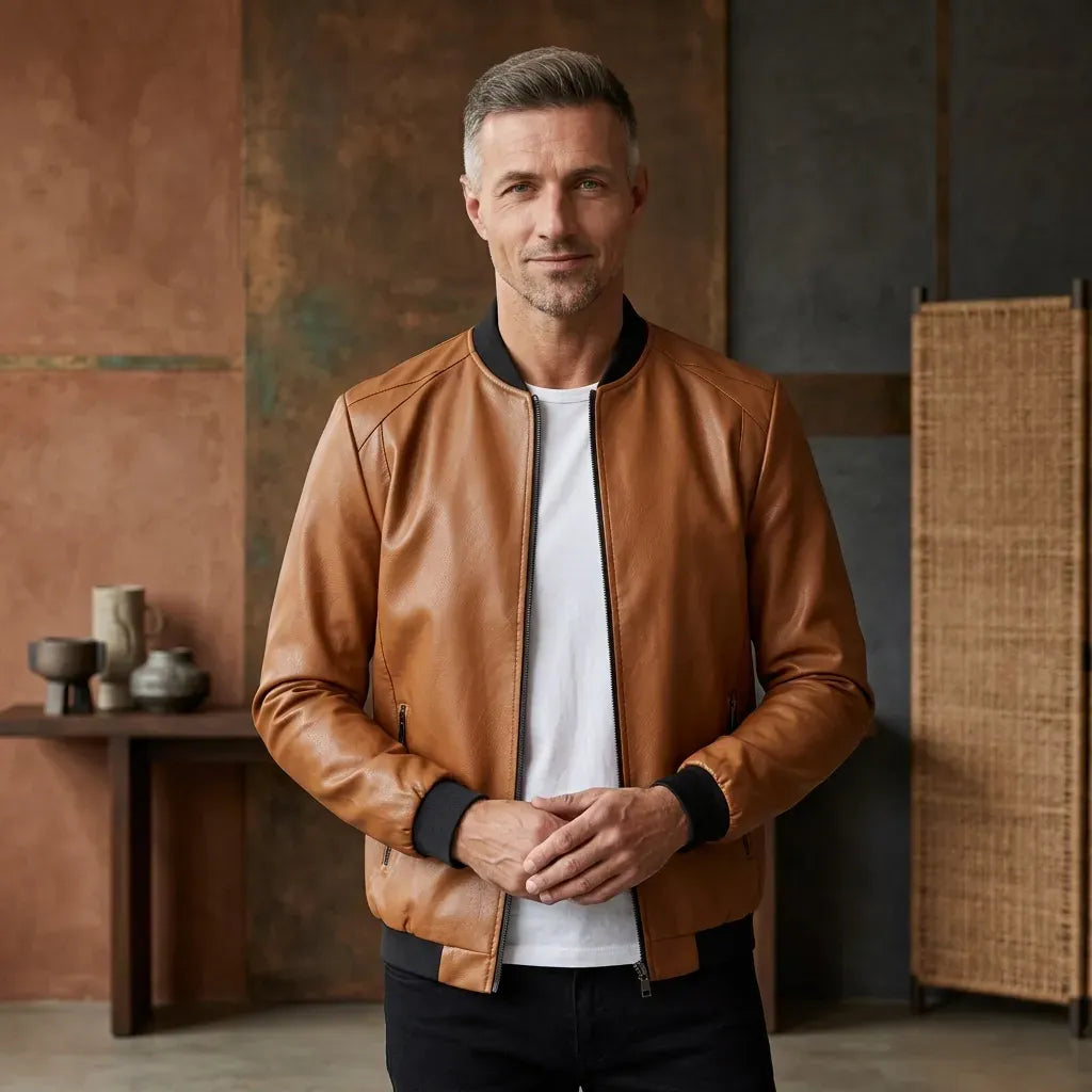 Bikerjacke für Herren aus Leder mit Reißverschluss Khaki 2