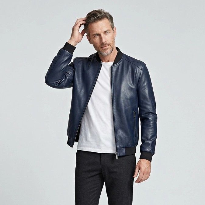 Bikerjacke für Herren aus Leder mit Reißverschluss Dunkelblau 4