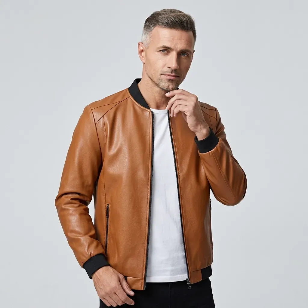 Bikerjacke für Herren aus Leder mit Reißverschluss Khaki 5