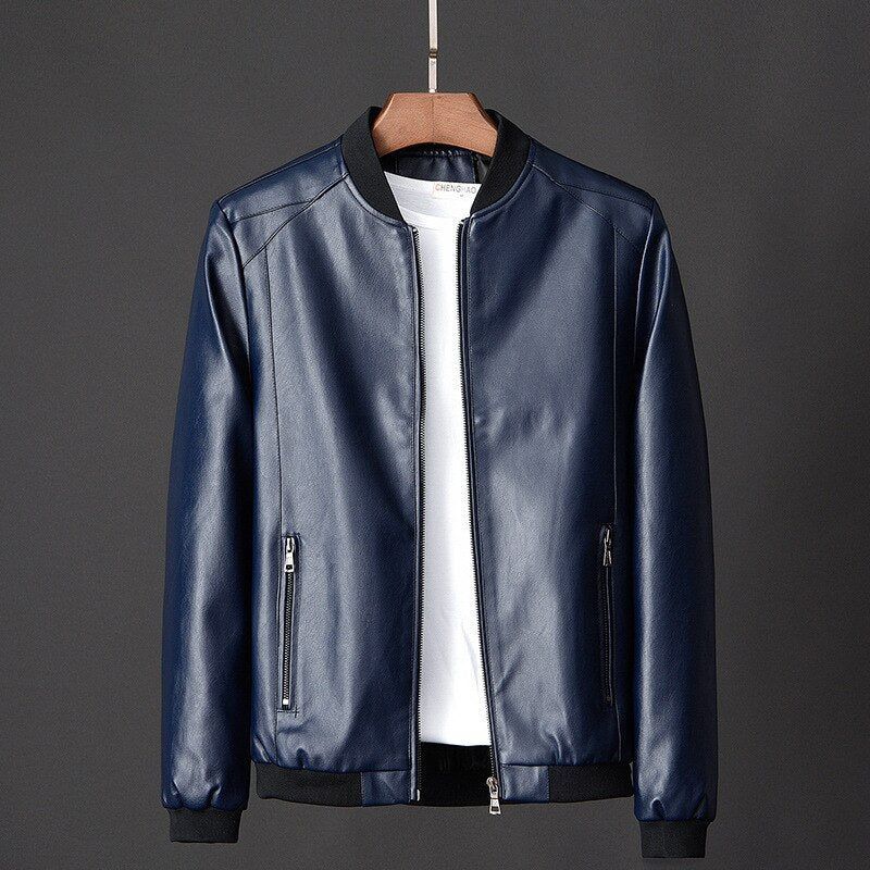 Bikerjacke für Herren aus Leder mit Reißverschluss Dunkelblau 7