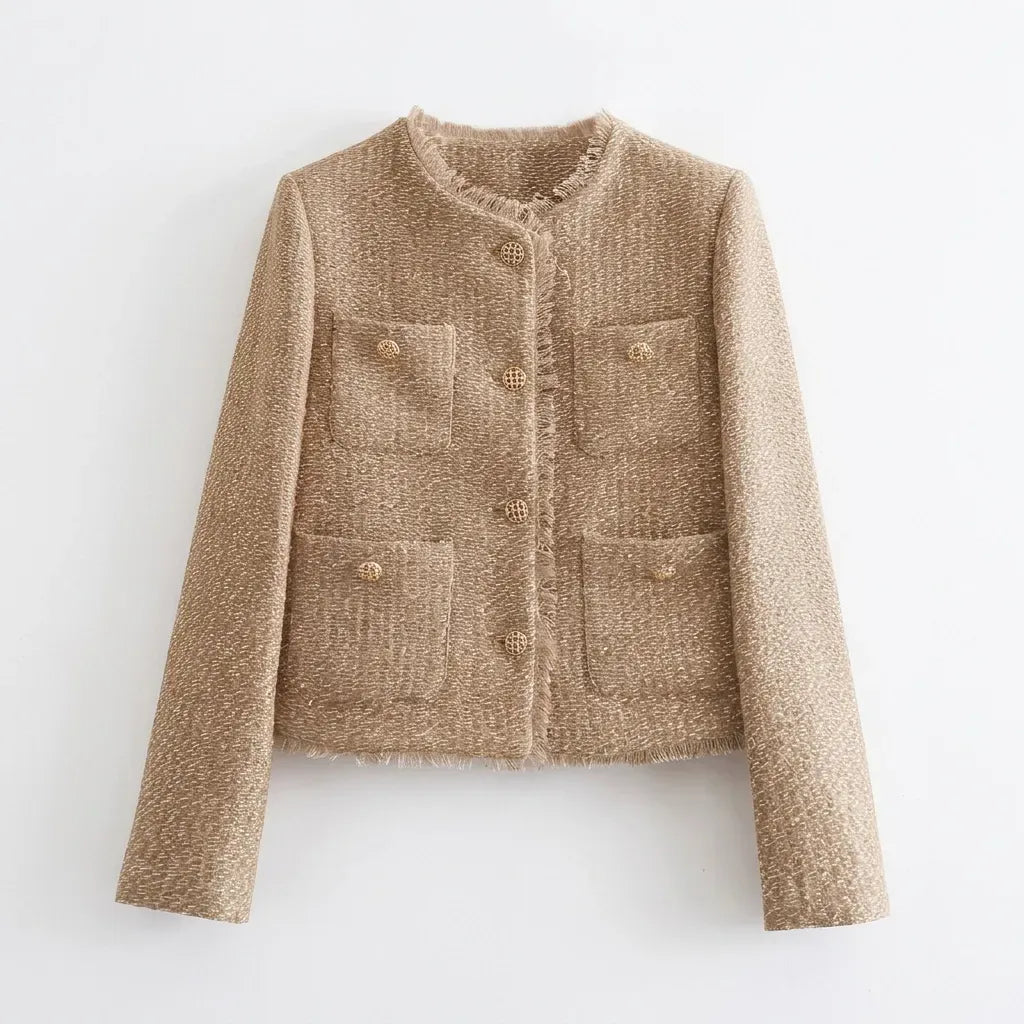 Kragenloser Blazer für Damen Vorderansicht Flatlay Beige