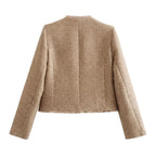Kragenloser Blazer für Damen Rückansicht Flatlay Beige