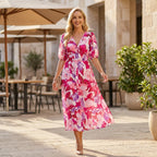 Blumenkleid für Damen in A-Linie mit Puffärmeln und V-Ausschnitt Rosa 4