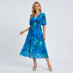 Blumenkleid für Damen in A-Linie mit Puffärmeln und V-Ausschnitt Blau 5
