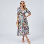 Blumenkleid für Damen in A-Linie mit Puffärmeln und V-Ausschnitt Mintgrün 6