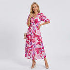 Blumenkleid für Damen in A-Linie mit Puffärmeln und V-Ausschnitt Rosa 7