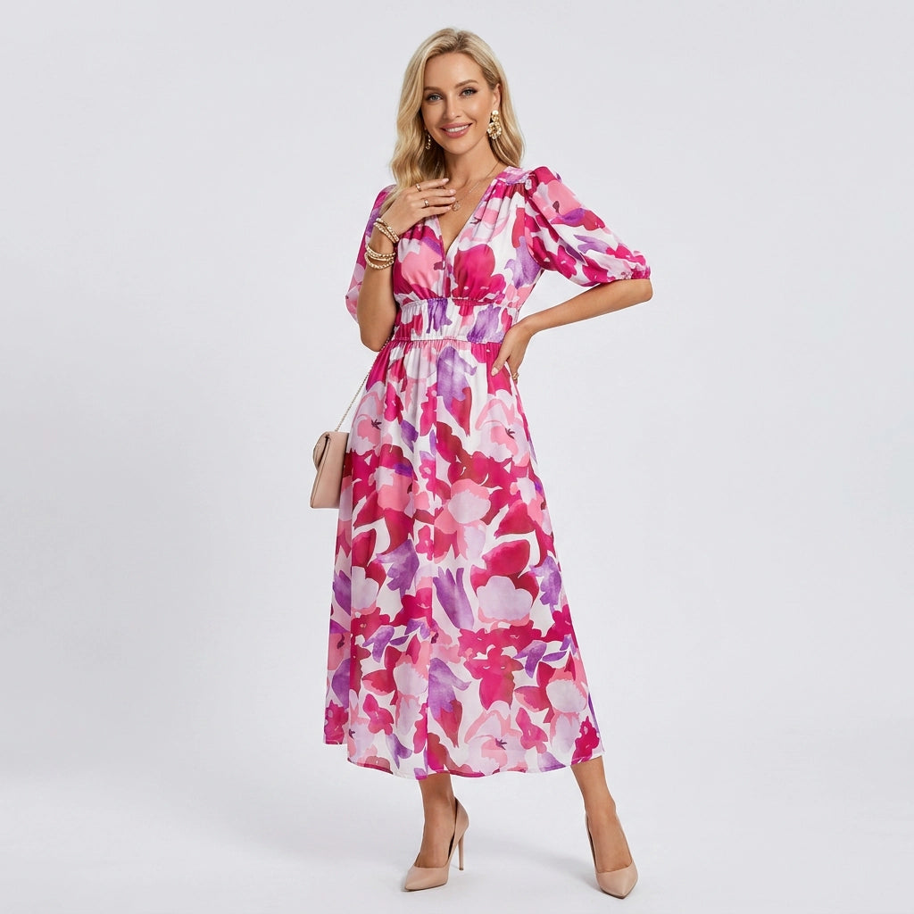 Blumenkleid für Damen in A-Linie mit Puffärmeln und V-Ausschnitt Rosa 7