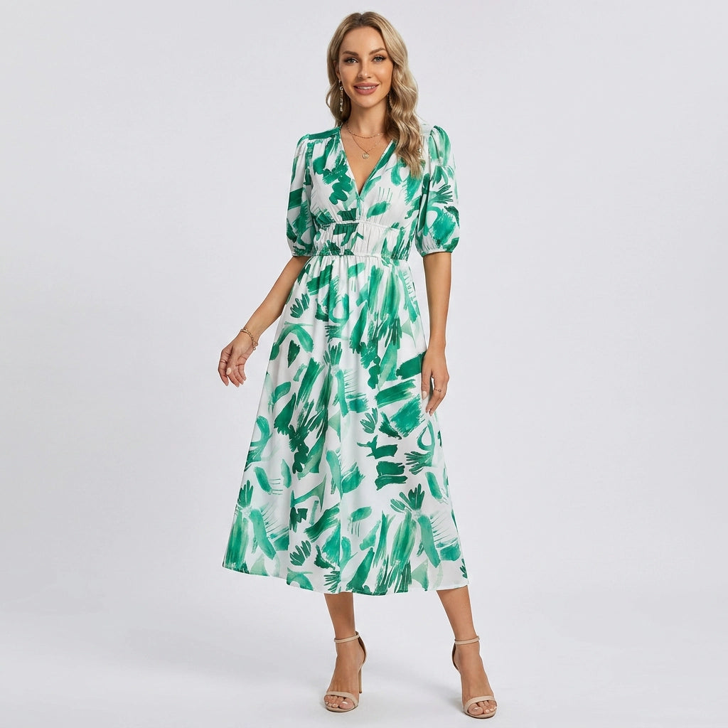 Blumenkleid für Damen in A-Linie mit Puffärmeln und V-Ausschnitt Grün 8