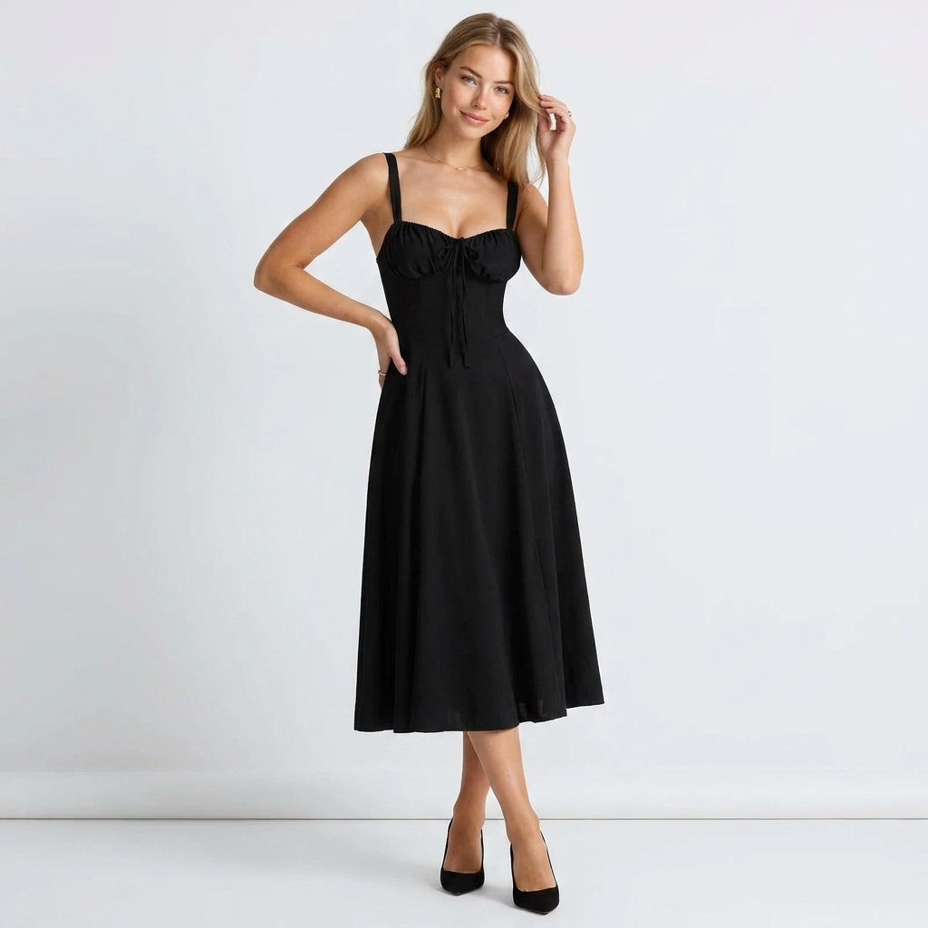 Blumenkleid in Midi-Länge mit breiten Trägern und Corsagen-Schnürung am Rücken Schwarz 16