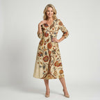 Blumenkleid für Damen in Midilänge mit A-Linie im V-Ausschnitt Beige 3