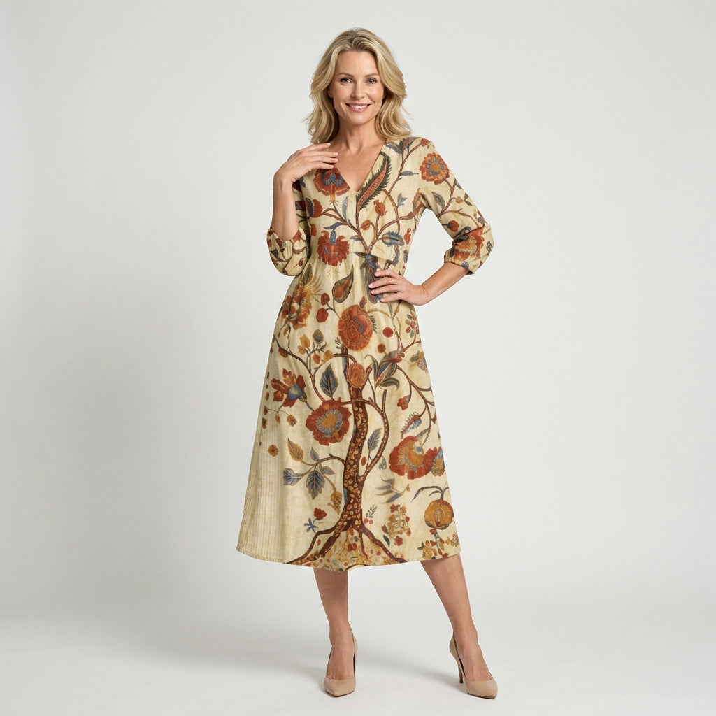 Blumenkleid für Damen in Midilänge mit A-Linie im V-Ausschnitt Beige 3