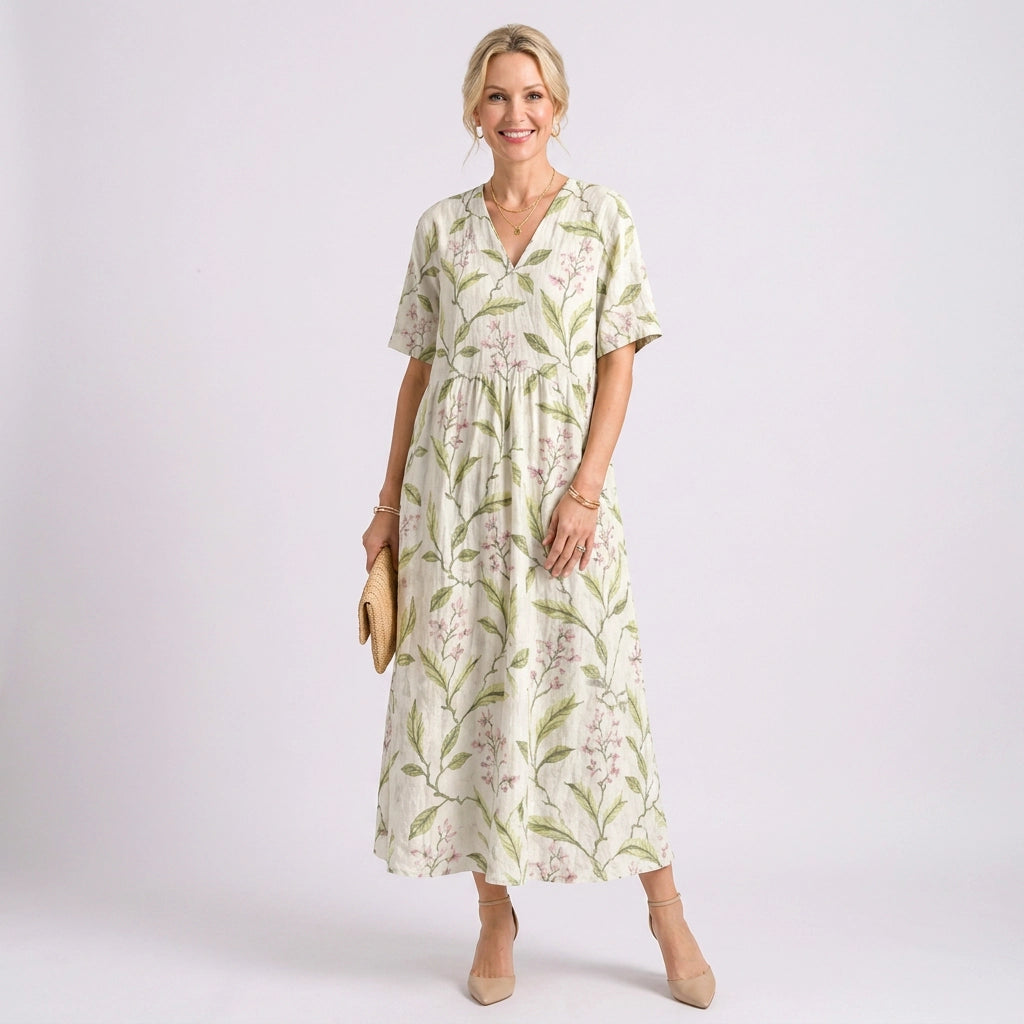 Blumenkleid für Damen in Midilänge mit V-Ausschnitt im A-Linien-Schnitt Grau 2