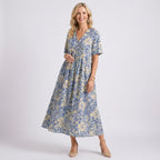Blumenkleid für Damen in Midilänge mit V-Ausschnitt im A-Linien-Schnitt Blau 4