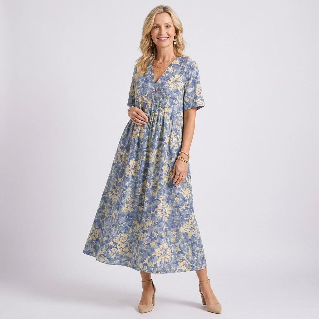 Blumenkleid für Damen in Midilänge mit V-Ausschnitt im A-Linien-Schnitt Blau 4