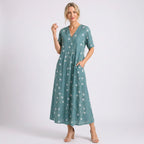 Blumenkleid für Damen in Midilänge mit V-Ausschnitt im A-Linien-Schnitt Türkis 5