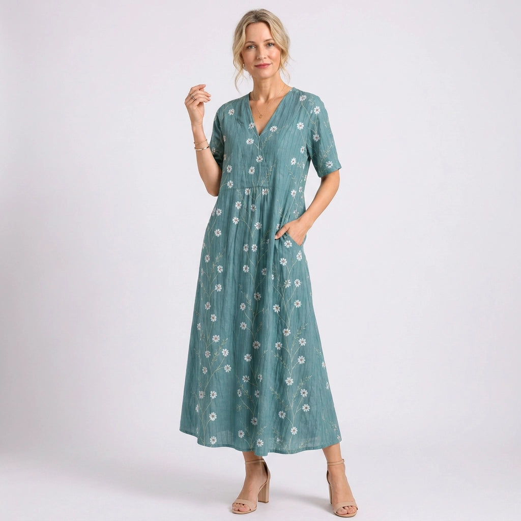 Blumenkleid für Damen in Midilänge mit V-Ausschnitt im A-Linien-Schnitt Türkis 5