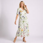 Blumenkleid für Damen in Midilänge mit V-Ausschnitt im A-Linien-Schnitt Weiß 7